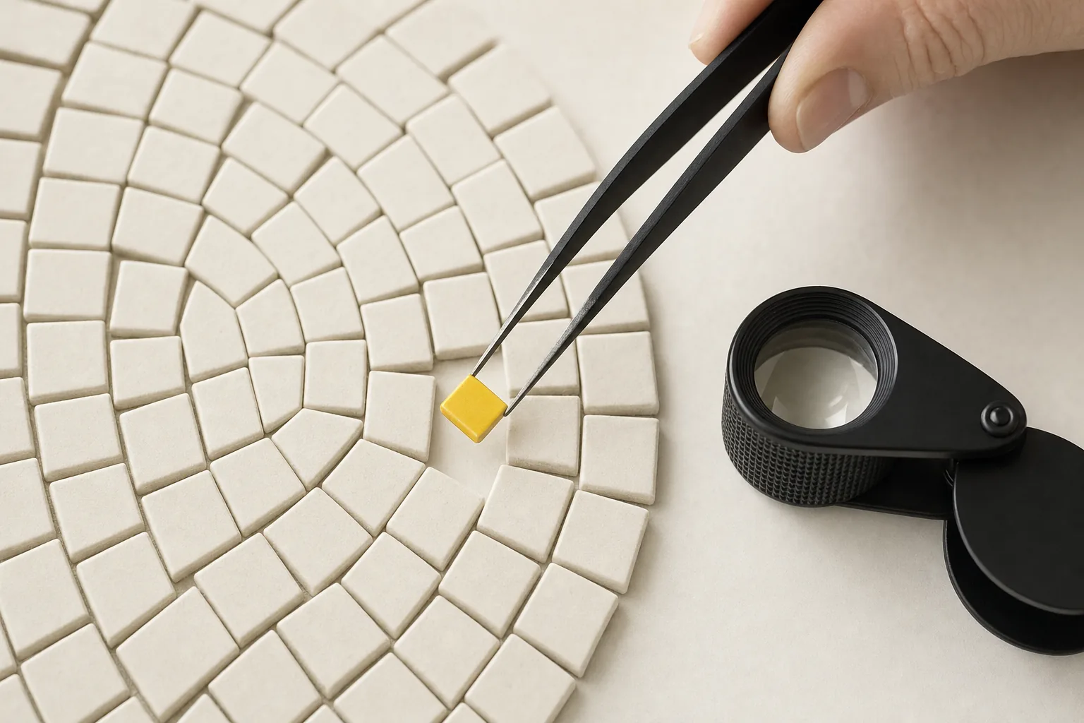 A hand with black tweezers places a yellow tile into a cream mosaic beside a jeweler’s loupe.