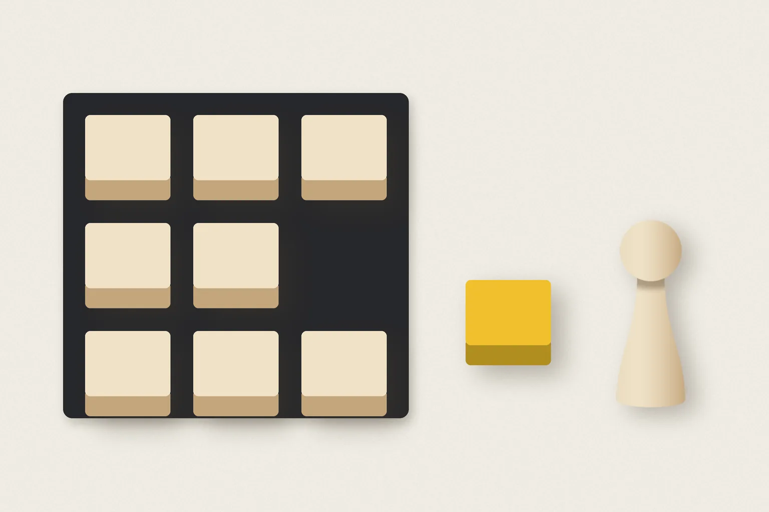 Eight cream wooden blocks on a square of black paper, with a yellow ninth block set down beside a wooden peg figure.