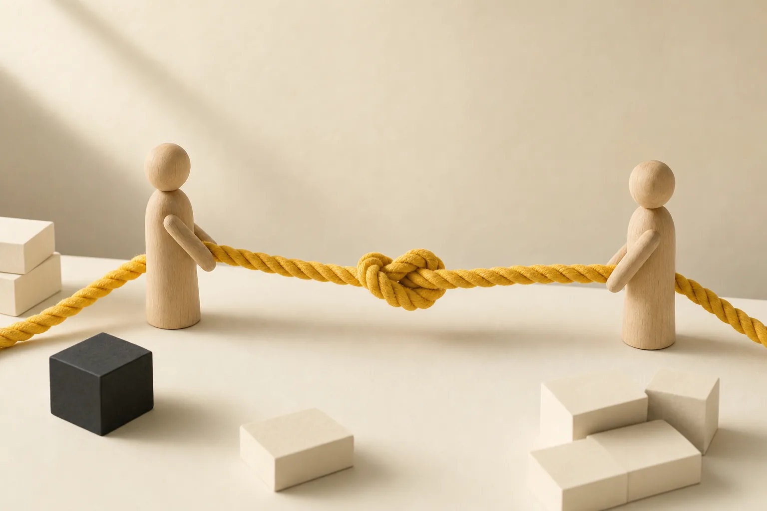 Two wooden figures hold a yellow rope with a knot at its center, among cream and black blocks.