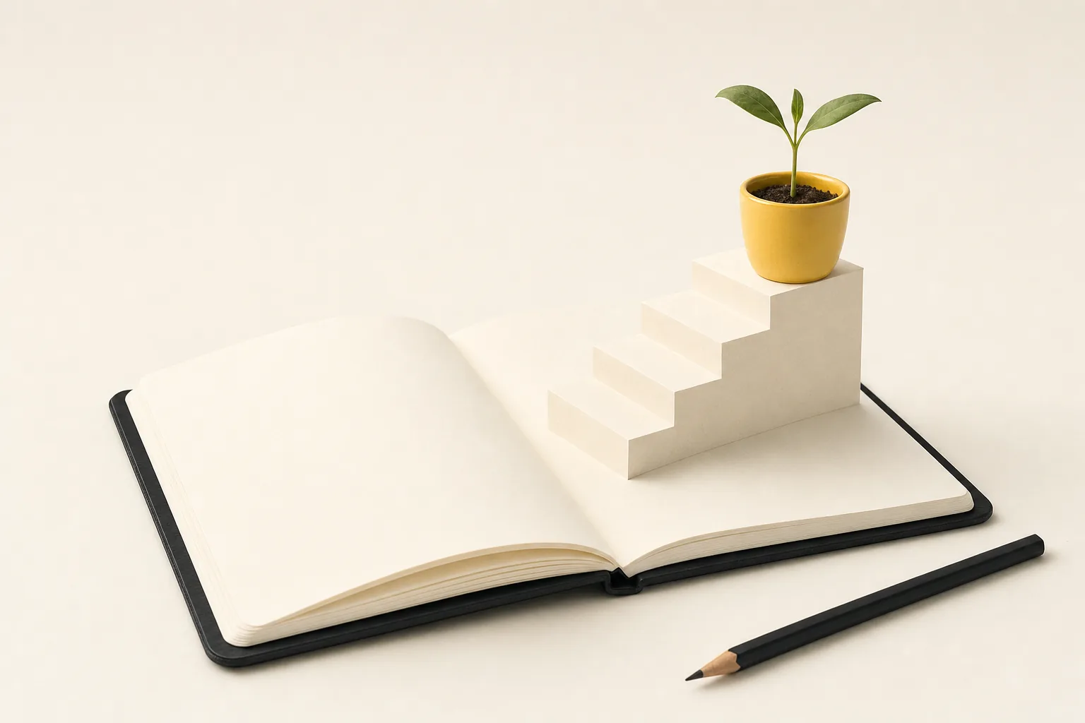 An open black notebook with cream paper steps rising to a seedling in a yellow pot.