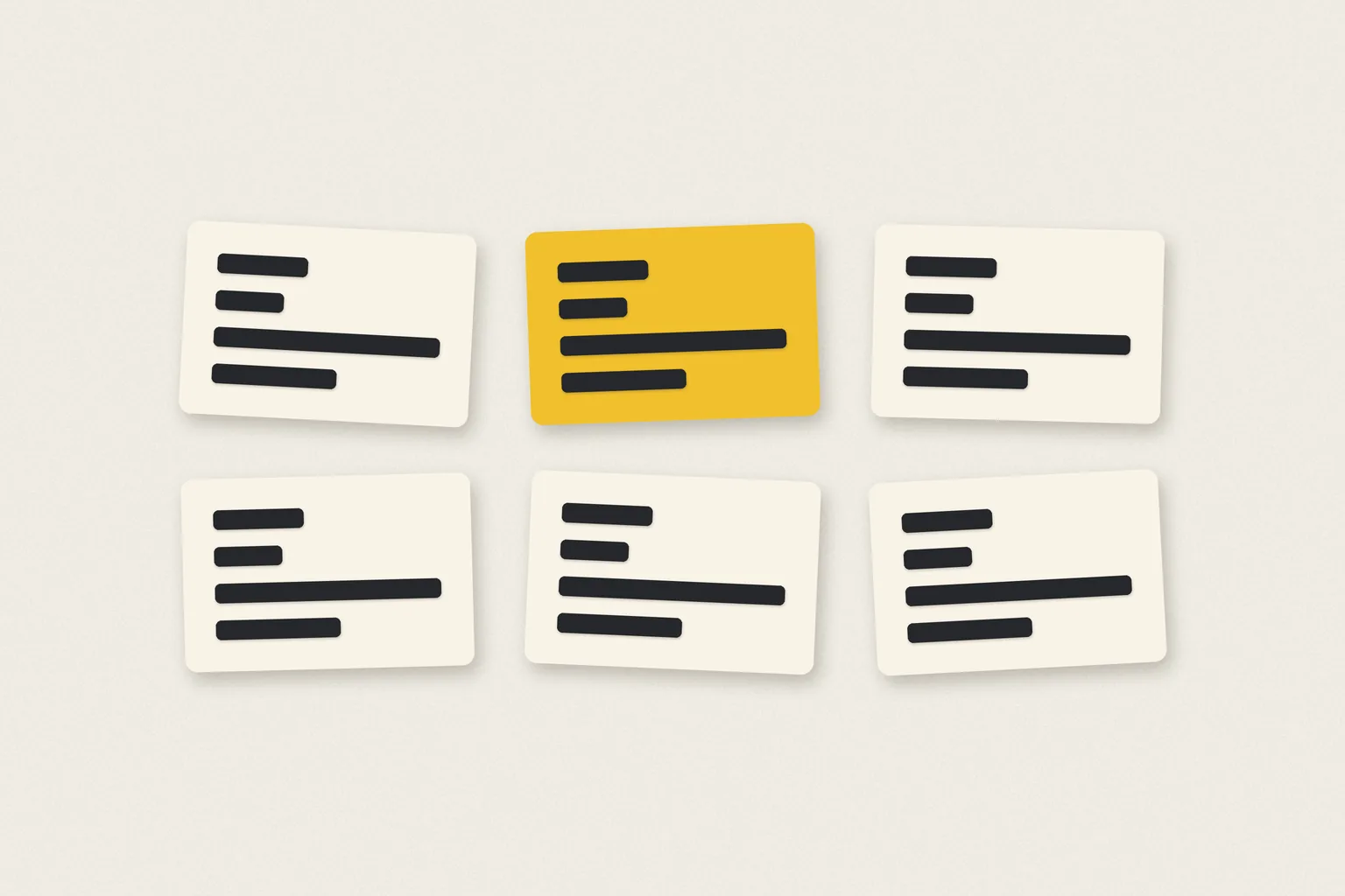Six paper cards, one yellow and five cream, each with four black bars, the third bar the longest.