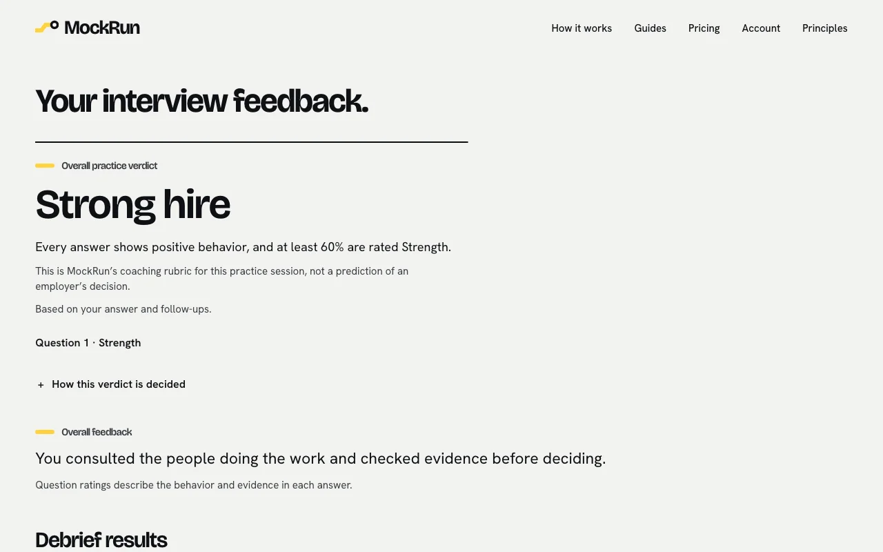 MockRun’s interview feedback page showing a Strong hire practice verdict, the rule behind it, and overall feedback on the answer.