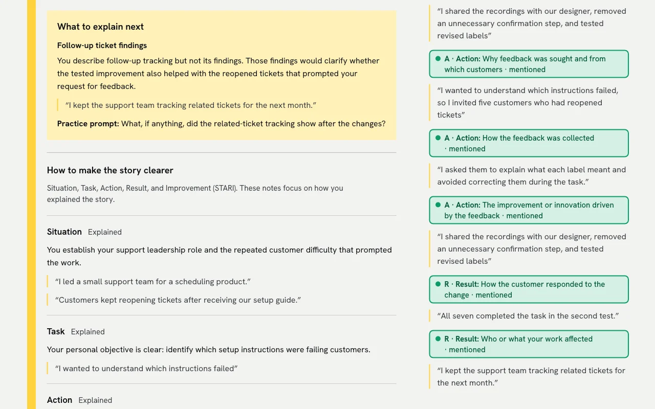MockRun’s debrief showing what to explain next, Situation and Task notes with quoted excerpts, and Action and Result details marked as mentioned.